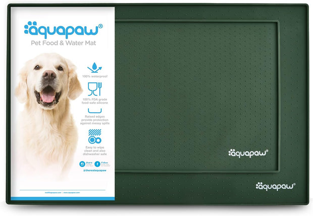 Aquapaw 2-Pack Non-Slip Pet Feeding Mats | 1 Medium 19" x 12" & 1 Large 23.6" x 15.7" | Waterproof Eating Surface, Dishwasher Safe & Easy to Clean | Raised Edges to Contain Spills | Forest Green